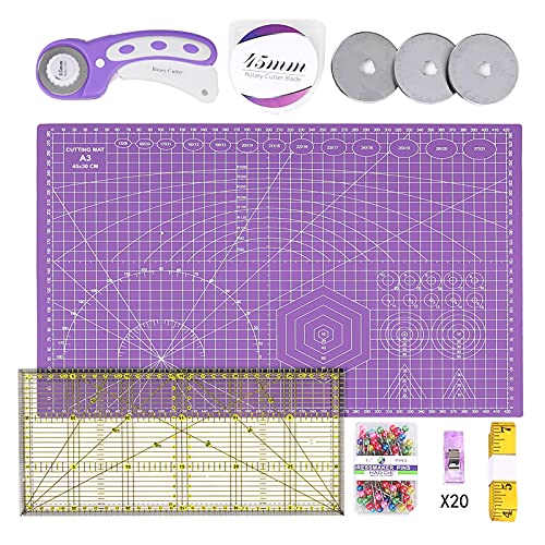 INTLMATE A3 Cutting Mat Set Cutter Tool Kit Including 17inches self-Healing Cutting mat,45mm Rotary Cutter with 3 Replacement Blades,Acrylic Quilting Ruler,Patchwork Ruler,20 Clips,100 pins (Purple)