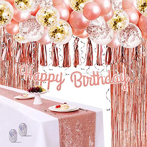 Rose Gold Party Decorations, Bachelorette Party, Balloons for Birthday Party Wedding ( Kit with Balloons, Tassel Garland, Foil Fringe Curtains, Gold Table Runner, Birthday Banner, Ribbons)