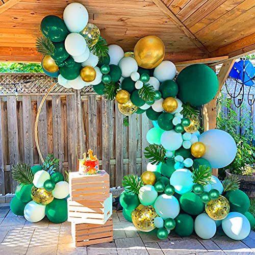 Green Balloons Arch Kit, Jungle Safari Tropical Balloons Garland with Green Metallic Gold Balloons and Leaves for Wild One 1st First Birthday Baby Shower Wedding Party Supplies.