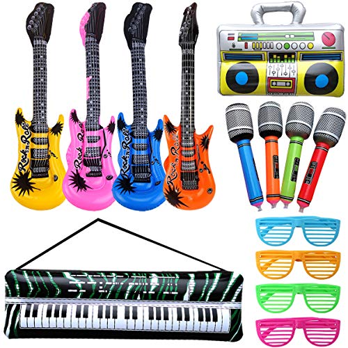 14Pcs Inflatable Guitar Party Decorations Favors, Inflatable Rock Star Balloon Set, Inflatable Party Supplies, Christmas Birthday Party Gifts, Party Props for Rock and Roll Theme 80s Party Decorations