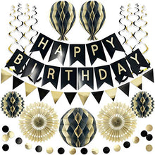 Load image into Gallery viewer, Premium Reusable Birthday Party Decorations - Birthday Decoration Set - Party Supplies - Happy Birthday Banner, Birthday Bunting - Black and Gold Birthday Decorations for Men Women 18th 30th 40th 50th
