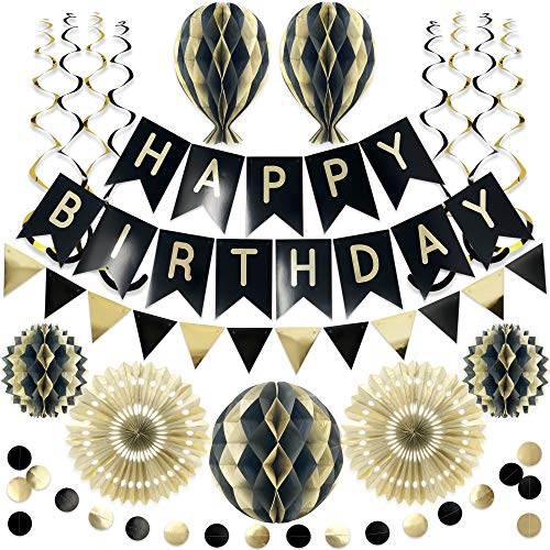 Premium Reusable Birthday Party Decorations - Birthday Decoration Set - Party Supplies - Happy Birthday Banner, Birthday Bunting - Black and Gold Birthday Decorations for Men Women 18th 30th 40th 50th