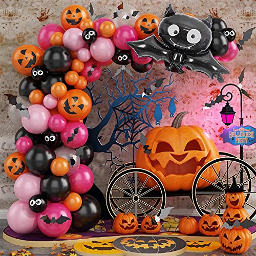 onehous Halloween Balloon, Halloween Balloon Arch Garland Kit,Halloween Decorations,with Bat Foil Balloon, Pink Orange and Black Balloons, Halloween Bat Decoration Kit for Indoor Outdoor Home