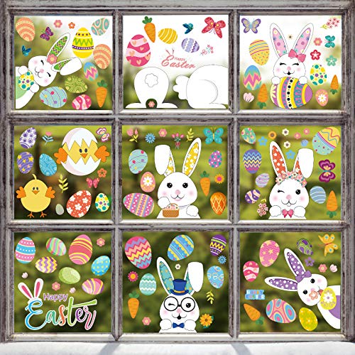 Hianjoo 130 PCS Easter Window Cling, 9 Sheets Easter Bunny Window Stickers PVC Static Stickers with Rabbit, Eggs, Carrot, Egg Basket, Flower Wreath, Flower, Butterfly for Easter Decoration