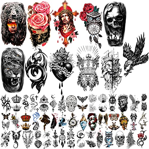 56 Sheets Eagle Crowns Animals Skeleton Totem Temporary Waterproof Tattoos for Adults Men Half Arm Sleeve Shoulder Fake Tattoos Stickers for Teens Body Forearm(11&45)