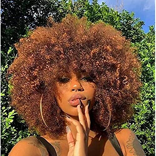 Short Hair Afro Kinky Curly Wigs With Bangs For Black Women African Synthetic Ombre Glueless Cosplay Natural Blonde Wig 12 inches（Blonde）
