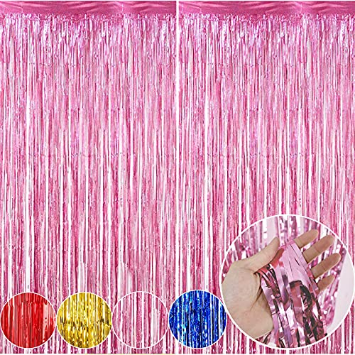 Tinsel Foil Fringe Curtains, 2 Packs Metallic Streamers Backdrop Aluminum Foil Stripe Curtain, 1 x 2m/ 3.3 x 6.6ft Photo Decoration Set for Wedding Birthday Baby Shower Halloween Christmas Party(Pink)