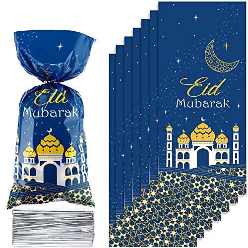 100 Pieces Eid Mubarak Party Treat Bags, Ramadan Theme Printed Pattern Gift Bags Cellophane Clear Plastic Goodie Favor Bags with Silver Twist Ties for Eid Mubarak Party