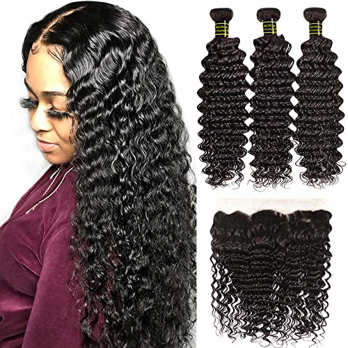 Recifeya hair Deep Wave Bundles with Frontal Brazilian Deep Wave Hair Bundles with Frontal Virgin Hair Unprocessed Ear to Ear Lace Frontal with Bundles Human Hair Extensions Natural Color(18 20 22+16)