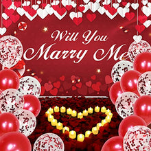 Load image into Gallery viewer, Balloons Engagement Party Decorations Kit - Marry Me Backdrop Banner Conteffi Balloon Led Tea Lights Candles Artificial Rose Pedals Love Propose Decoration Set Romantic Red Engaged
