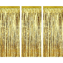 Load image into Gallery viewer, 3 Pack Metallic Tinsel Curtains, Foil Fringe Shimmer Curtain Door Window Decoration for Birthday Wedding Party (Gold)
