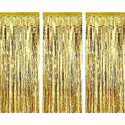3 Pack Metallic Tinsel Curtains, Foil Fringe Shimmer Curtain Door Window Decoration for Birthday Wedding Party (Gold)