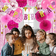 Load image into Gallery viewer, Recosis Birthday Party Decorations, Pink Party Decorations for Girls Women, Happy Birthday Banner, Curtains, Paper Pompoms and Fans, Garland, Confetti Balloons for Birthday Party Decorations
