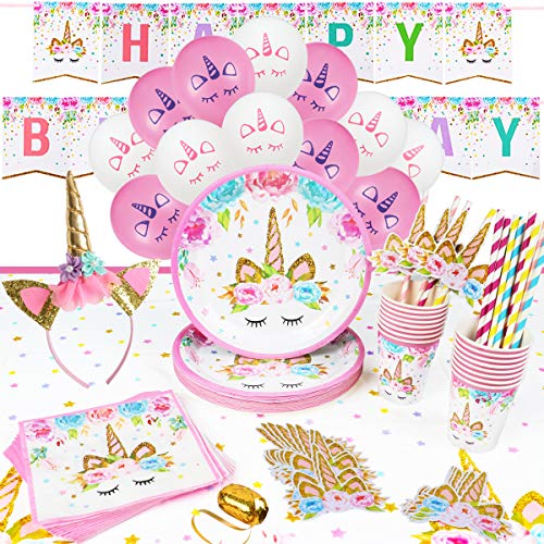 16 Guests Unicorn Party Supplies Unicorn Party Plates Cups and Napkins Table Cloth Balloons Banner Headband Unicorn Paper Plates Straws Pink Unicorn Birthday Party Decorations for Girls