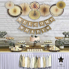 Load image into Gallery viewer, YARA Baby Shower Decorations Neutral | Woodland Rustic Boho Theme Oh Baby Decoration for Girl &amp; Boy, Gender Reveal &amp; Birthdays | Burlap Welcome Baby Banner, Gold &amp; Cream Decor Paper Fans &amp; Tassels
