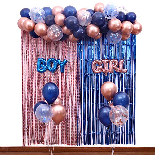 Lopeastar Gender Reveal Balloon Arch Decoration - 52 Balloons Navy Blue and Rose Gold tinsel Foil Fringe Curtains Backdrop, Boy or Girl Baby Reveal Party Supplies