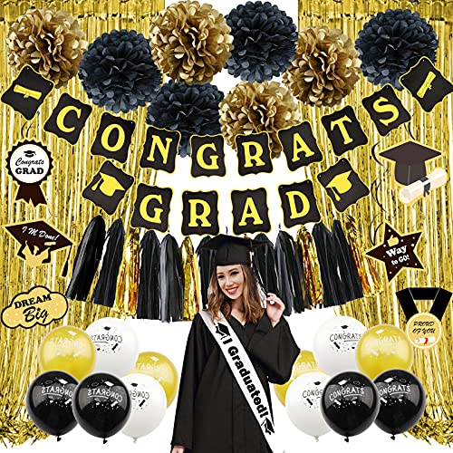 Zerodeco Graduation Party Supplies 2022, Black and Gold Graduation Decorations Congrats Grad Banner, Hanging Swirls, Paper Pompoms, Sash, Balloons, Foil Curtain, Paper Tassel for Grad Decorations