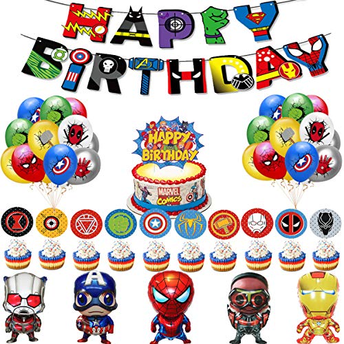 Superhero Avengers Party Decorations - Superhero Birthday Party Decoration Happy Birthday Banner Avengers Aluminum Balloon Superhero Balloon Cake Toppers for Superhero Themem Party Supplies