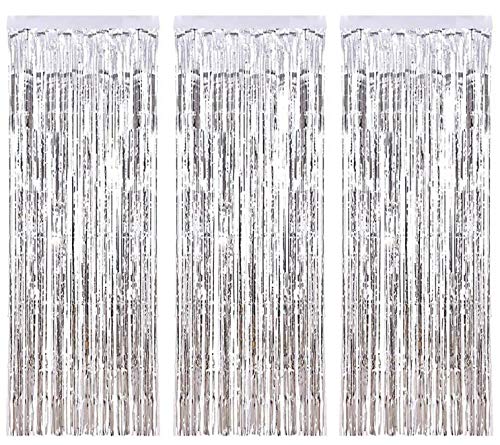 Geboor 3 Pack Metallic Tinsel Curtains 1x2.5m Fringe Foil Curtain for Wedding Birthday Party Door Windows Decorations (Silver)