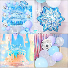 Load image into Gallery viewer, 5th Frozen Birthday Decoration Girls,Frozen Balloon Garland Arch Kit with Background Poster,Birthday Cake Topper,White Blue Purple Confetti Foil Balloons,Snowflake Balloons for Princess Party
