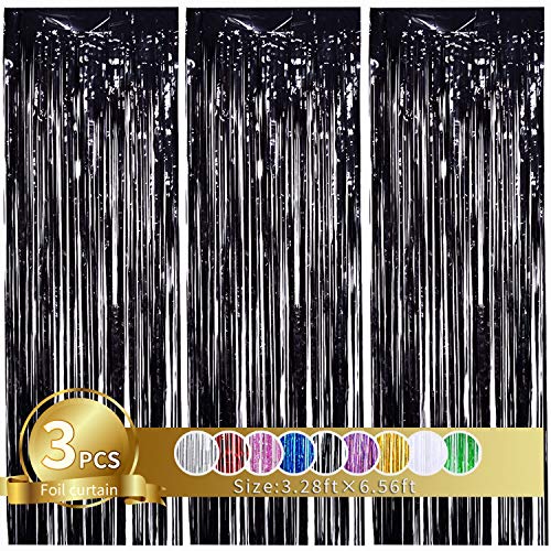 3Pcs Black Metallic Tinsel Foil Fringe Curtains, 3.28ft x 6.56ft Black Photo Booth Backdrop Streamer Curtain,Photo Booth Props,Ideal Bachelorette Party Supplies,Birthday,Christmas,New Year Decorations
