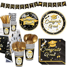 Load image into Gallery viewer, OurWarm Black Gold Graduation Party Supplies 2022, Graduation Party Tableware Including Tablecloth Banner Paper Party Plates Cups Straws Napkin Dinnerware Set for Graduation Decoration - for 24 Guests
