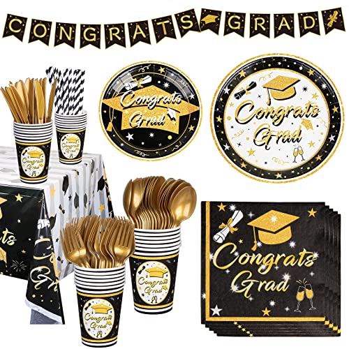OurWarm Black Gold Graduation Party Supplies 2022, Graduation Party Tableware Including Tablecloth Banner Paper Party Plates Cups Straws Napkin Dinnerware Set for Graduation Decoration - for 24 Guests