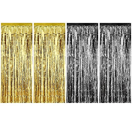 4 Pack Foil Curtains Metallic Fringe Curtains Shimmer Curtain for Birthday Wedding Party Christmas Decorations (Gold and Black)