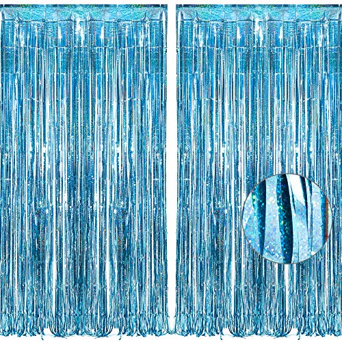 BRAVESHINE Blue Foil Fringe Curtain Party Backdrop, Metallic Tinsel Curtains Streamers Party Decor for Kids Frozen Unicorn Mermaid Decorations Baby Shower Ocean Theme Birthday Party (2Pack, 1x2.5m)
