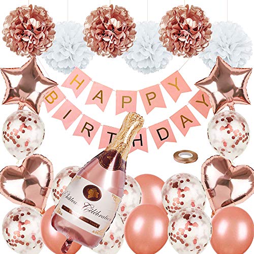 Rose Gold Party Decorations Happy Birthday Confetti Balloons with Banner,Giant Champagne Foil Balloons,Star Heart Foil Balloons,Tissue Paper Pompoms for 1st 2th 3td 16th 18th 21st 25th 30th 50th 60th
