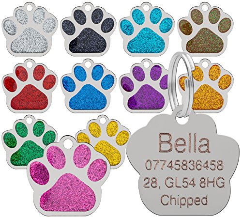 LARRYROO Dog Cat Pet Tag ID Collar Tags Personalised Engraved 27mm Glitter Paw Print (Red)