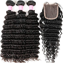 Load image into Gallery viewer, Brazilian Deep Wave Bundles with Closure Virgin Human Hair Bundles with Closure 4×4 Lace Mixed Length Hair Bundles Natural Color for Black Women 100% Unprocessed Miss GAGA (16 18 20+14)

