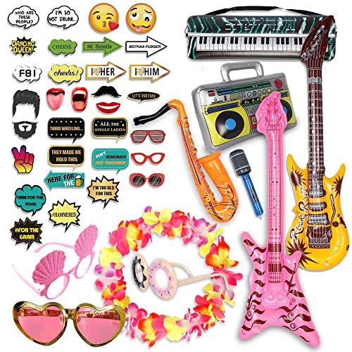 41 PC Set - Photo Booth Prop, Wedding Prop, Birthday Decoration, Party Prop, Inflatable Guitar, Inflatable Microphone, Party Accessories Adults, Prop Signs, Photobooth Prop, Hen Photo