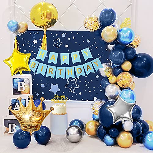 Blue Gold Balloons Arch Garland Kit, Blue Gold Birthday Decorations Navy Blue Balloons HAPPY BIRTHDAY Banner Metallic Blue Gold Silver Balloons Gold Confetti Balloons Crown Star Balloons