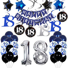 Load image into Gallery viewer, 18th Birthday Decorations Navy Blue for Boys Mens Girls, Party Decorations with Swirl Decoration 18th Happy Birthday Banner and Star Foil Balloons Confetii Latex Blue Balloons for Party Supplies
