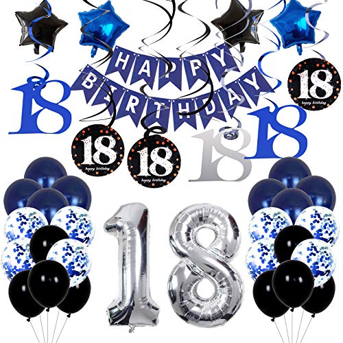 18th Birthday Decorations Navy Blue for Boys Mens Girls, Party Decorations with Swirl Decoration 18th Happy Birthday Banner and Star Foil Balloons Confetii Latex Blue Balloons for Party Supplies