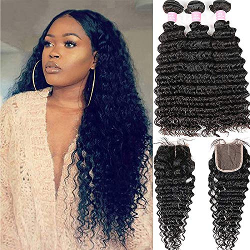 Brazilian Deep Wave Bundles with Closure Virgin Human Hair Bundles with Closure 4×4 Lace Mixed Length Hair Bundles Natural Color for Black Women 100% Unprocessed Miss GAGA (16 18 20+14)