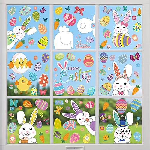 Easter Window Stickers, Easter Decorations 9 Sheets 121 Pcs Easter Stickers Window Easter Bunny Window Clings Pvc Static Stickers, Ideal Easter Gifts for Kids & Adults Used for Home Office Shop Window
