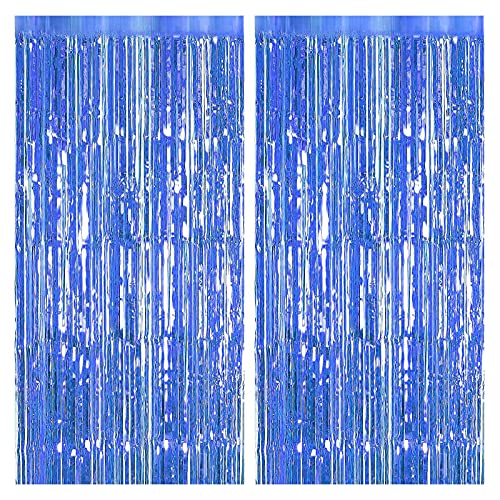 2PCS Tinsel Foil Fringe Curtains Blue Metallic Shimmer Curtain Backdrop Foil Streamers Party Decorations Fringe Streamers Tinsel Curtains foil curtain For Christmas Birthday Party Wedding Door