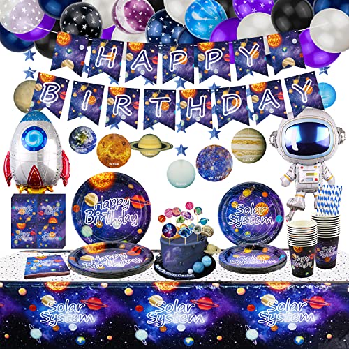 226 PCS Outer Space Party Supplies - Solar System Planet Balloon, Happy Birthday Banner, Hanging Swirls, Cake Topper, Plates, Napkins, Cup, Tablecloth for Boy Kid Party Decorations, Serves 20 Guest