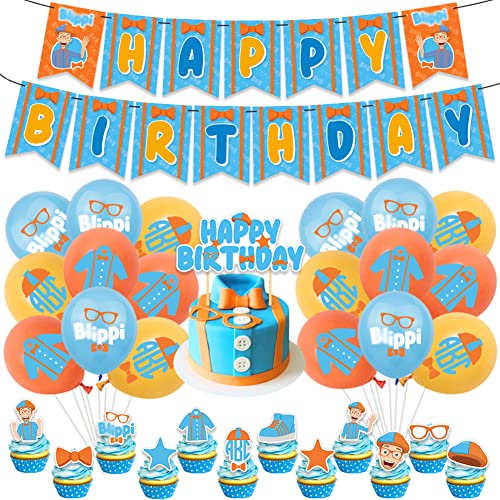 Blippi Birthday Party Supplies, 32Pcs Party Supplies Birthday Decorations, Party Pack for Kids, with Happy Birthday Banner, Cake Toppers, Balloon