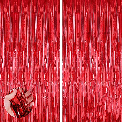 2pcs 3.2ft x 6.5ft Red Foil Curtain Decoration,Tinsel Foil Fringe Curtains Streamer Backdrop for Birthday Graduation Wedding Engagement Bridal Shower Bachelorette Holiday Christmas,New Year Decoration