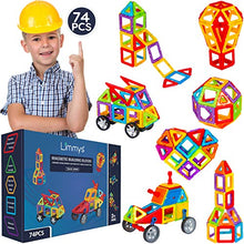 Load image into Gallery viewer, Limmys Magnetic Building Blocks – Unique Magnetic Tiles Construction Toys for Boys and Girls – STEM Educational Toy – Includes 74 Pieces and an Idea Booklet – Magnets for Kids with Magnetic shapes
