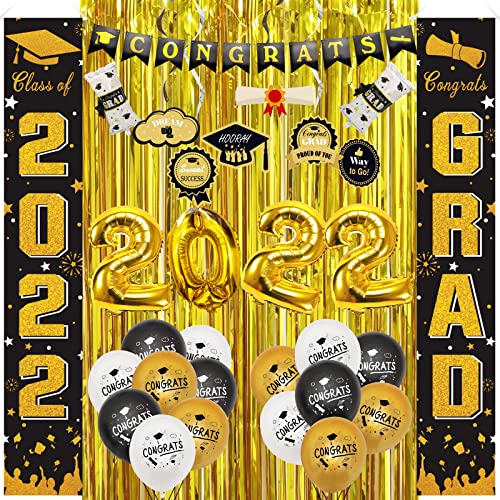 Graduation Decorations 2022, Black and Gold 2022 Graduation Balloons with Congratulations Banner, Hanging Swirl and Congrats Balloons for Graduation Party Decorations