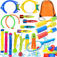 Load image into Gallery viewer, Yetech 29pcs Swimming Pool Toys Diving Toys Set with Diving Rings, Water Pistol, Diving Sticks, Underwater Diving Game Pool Training Toys for kids with Carrying Bag
