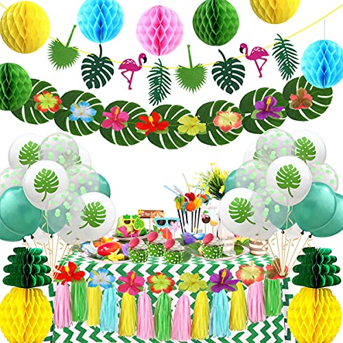 YNOUU 109 Pcs Tropical Hawaiian Party Decoration Set, Tropical Leaves Flamingo Banner, Hawaiian Latex Balloons for Jungle Beach Pool Theme Summer Birthday Baby Shower Party Supplies