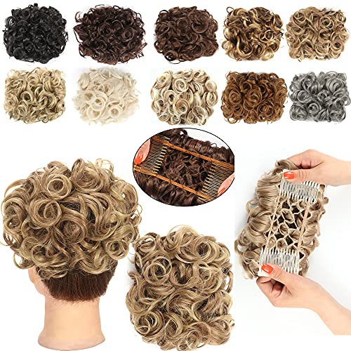 Messy Bun Combs in Scrunchie Chignon Hairpiece Curly Bun Extensions Scrunchie Updo Hair Pieces Synthetic Combs in Messy Bun Hair Piece for Women (Light Brown &Blonde Mixed/12T24#)