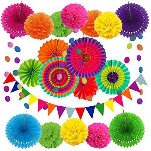 Zerodeco Party Decoration, 21 Pcs Multi-color Hanging Paper Fans, Pom Poms Flowers, Garlands String Polka Dot and Triangle Bunting Flags for Birthday Parties, Wedding Décor, Fiesta or Mexican Party