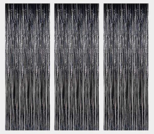 AILEXI 3 Pack Metallic Tinsel Curtains Foil Fringe Shimmer Streamers Curtain Door Window Decoration for Birthday Wedding Party Supplies 3ft*8ft - Black