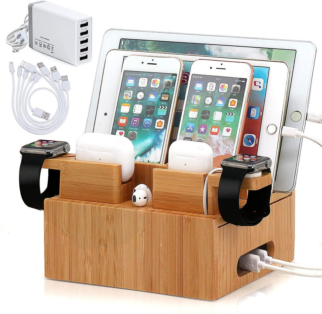Bamboo Charging Station Organizer for Multiple Devices